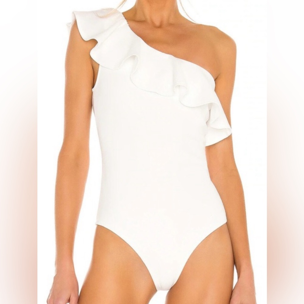 Show Me your Mimi White One-Shoulder Ruffle Bodysuit- size small
